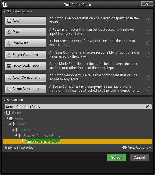 Screenshot showing the creation of a SimpleCharacterEntity blueprint