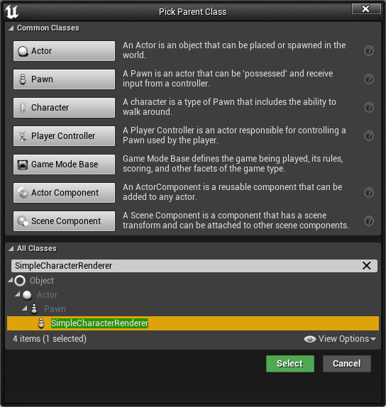 Screenshot showing the creation of a SimpleCharacterRenderer blueprint